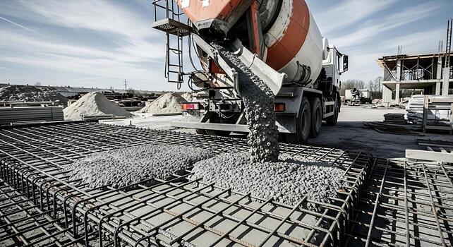 cement-truck-pouring-concrete-onto-rebar-foundation-at-construction-site-under-a-cloudy-sky-day-light-photo